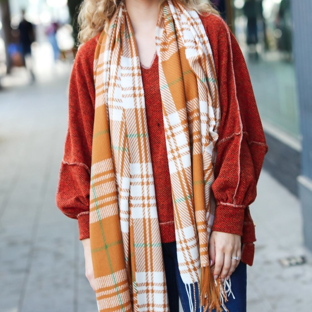 Camel & Cream Plaid Fringe Scarf